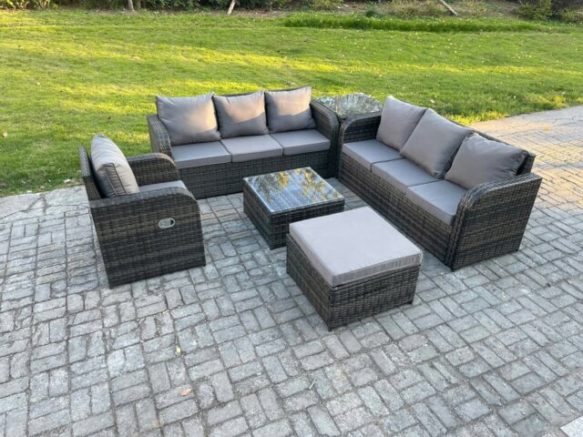 Rackhams Outdoor Rattan Garden Furniture Set Conservatory Patio Sofa Coffee Table With Reclining Chair Big Footstool Side Table Dark Grey Mixed - image 1