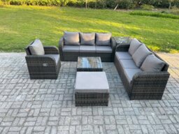 Rackhams Outdoor Rattan Garden Furniture Set Conservatory Patio Sofa Coffee Table With Reclining Chair Big Footstool Side Table Dark Grey Mixed - thumbnail 2