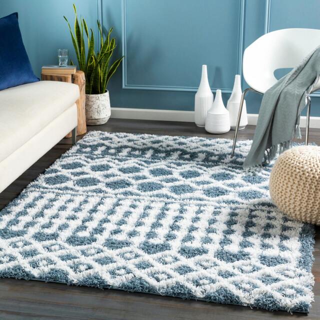 Rackhams Urban Shag-Geometric Blue White Soft Plush Pile Rug - 200 x 290 cm - image 1