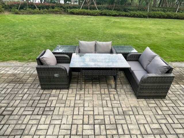 Rackhams Lounge Rattan Sofa Set Outdoor Garden Furniture Oblong Rectangular Dining Table With Chairs 2 Side Tables Dark Grey Mixed - image 1