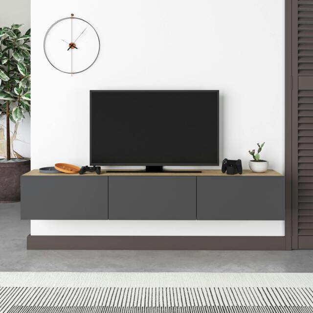 "Rackhams Francy Modern Wall Mounted TV Unit 55"" Multimedia Centre 180cm - Oak Anthracite"