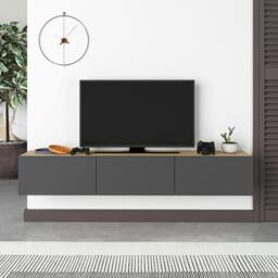 "Rackhams Francy Modern Wall Mounted TV Unit 55"" Multimedia Centre 180cm - Oak Anthracite" - thumbnail 1