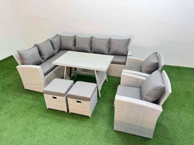 Rackhams Garden Outdoor Rattan Furniture Set Rattan Corner Sofa Oblong Dining Table with 2 Armchairs 2 Small Footstools Light Grey Mixed 10 Seater - image 1