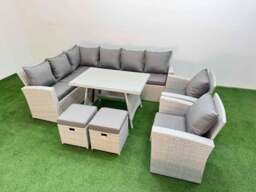 Rackhams Garden Outdoor Rattan Furniture Set Rattan Corner Sofa Oblong Dining Table with 2 Armchairs 2 Small Footstools Light Grey Mixed 10 Seater - thumbnail 1
