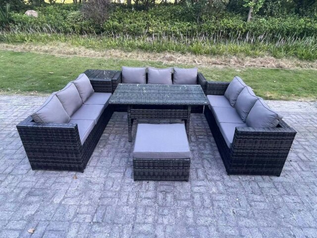 Rackhams 10 Seater Outdoor Wicker Garden Furniture Rattan Lounge Sofa Set Patio Rectangular Dining Table with Big Footstool Side Table Dark Grey Mixed - image 1