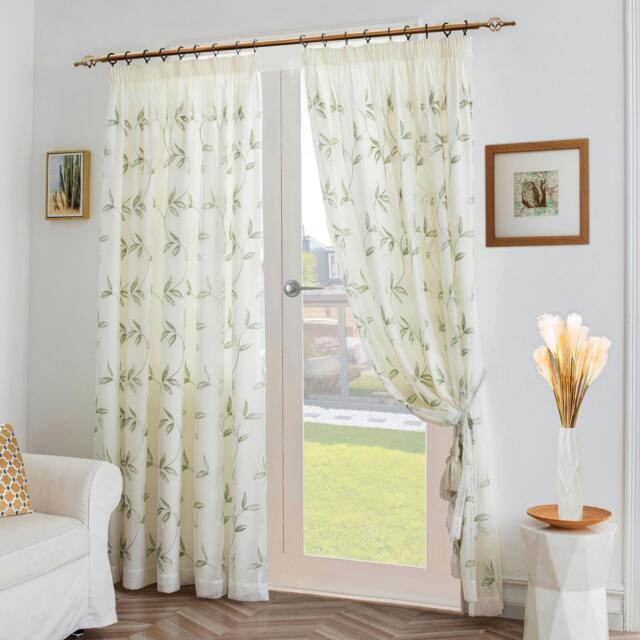 Rackhams Leaf Embroidered Tulle Voile Curtains Pencil Pleat - Green - 147cm width x 183cm drop - image 1