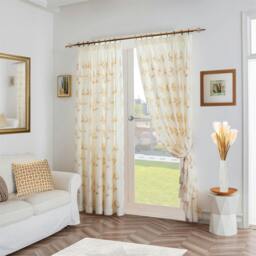 Rackhams Leaf Embroidered Tulle Voile Curtains Pencil Pleat - Green - 147cm width x 183cm drop - thumbnail 2