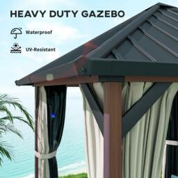 Rackhams 3 x 3(m) Metal Hardtop Gazebo with Netting and Curtains, Walnut - thumbnail 5
