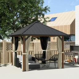 Rackhams 3 x 3(m) Metal Hardtop Gazebo with Netting and Curtains, Walnut - thumbnail 2