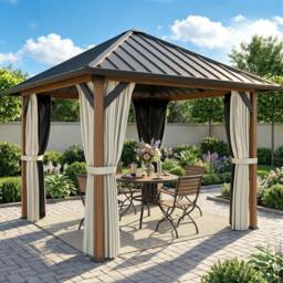 Rackhams 3 x 3(m) Metal Hardtop Gazebo with Netting and Curtains, Walnut - thumbnail 1