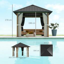 Rackhams 3 x 3(m) Metal Hardtop Gazebo with Netting and Curtains, Walnut - thumbnail 4
