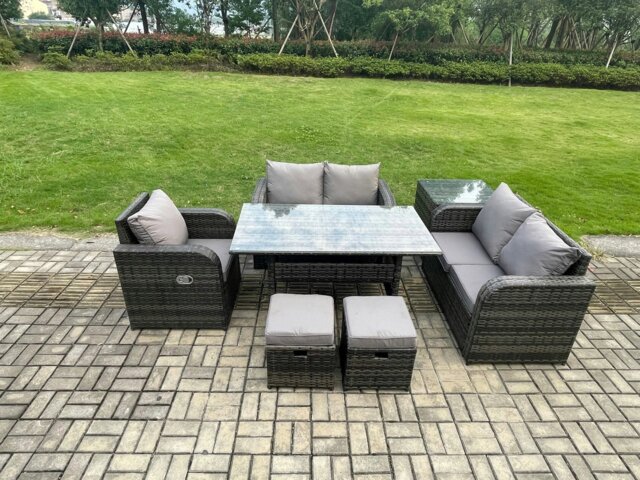 Rackhams Lounge Rattan Sofa Set Outdoor Garden Furniture Oblong Rectangular Dining Table With Chairs Side Table 2 Small Footstools Dark Grey Mixed - image 1