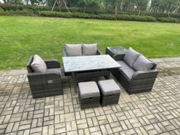 Rackhams Lounge Rattan Sofa Set Outdoor Garden Furniture Oblong Rectangular Dining Table With Chairs Side Table 2 Small Footstools Dark Grey Mixed - thumbnail 2