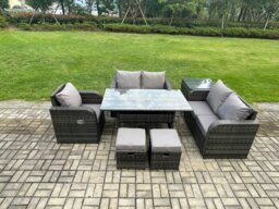 Rackhams Lounge Rattan Sofa Set Outdoor Garden Furniture Oblong Rectangular Dining Table With Chairs Side Table 2 Small Footstools Dark Grey Mixed - thumbnail 1