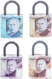 Rackhams Money Tin Box Padlock Shape 16x8x25cm, Metal Savings Bank with Handle, Coin Slot & Removable Lid, Pound Note Design, Multi-Colour, Assorted Pack 2 - thumbnail 1