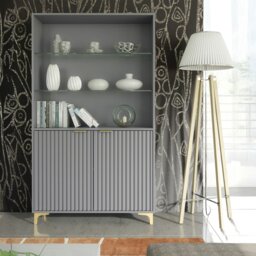 Rackhams Tall Display Cabinet 170cm Grey – Fluted Doors & Gold Legs - Matt Body & Matt Doors - 170 - Full assembly required. - thumbnail 2