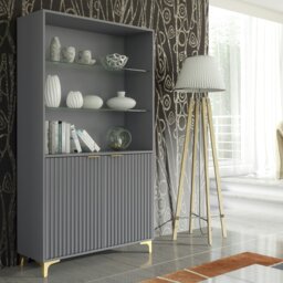 Rackhams Tall Display Cabinet 170cm Grey – Fluted Doors & Gold Legs - Matt Body & Matt Doors - 170 - Full assembly required.