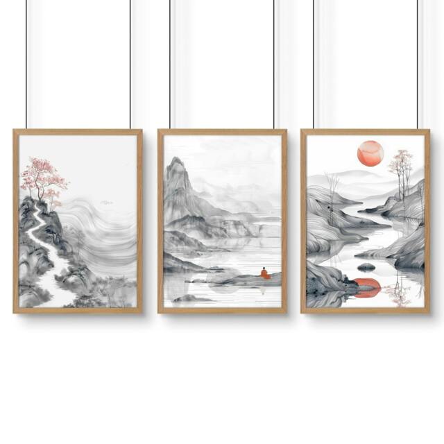 Rackhams Modern Living Room Art - Set of 3 Asian Inspired Wall art Prints - A4 8.27 x 11.69 in / 21 x 29.7 cm - Satin Photo paper 280 gsm - Oak Frame - image 1