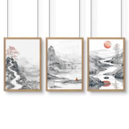 Rackhams Modern Living Room Art - Set of 3 Asian Inspired Wall art Prints - A4 8.27 x 11.69 in / 21 x 29.7 cm - Satin Photo paper 280 gsm - Oak Frame