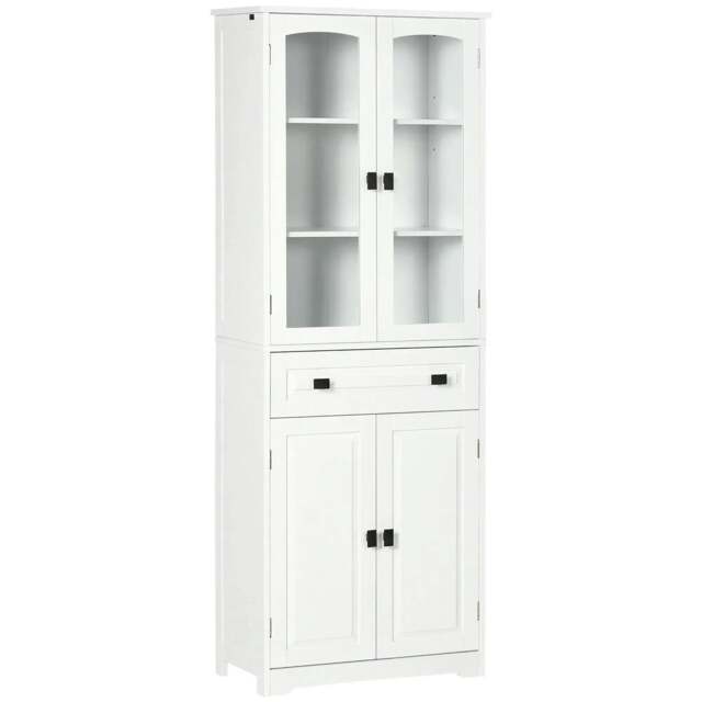 Rackhams Kitchen Cupboard, Freestanding Storage Cabinet with 2 Adjustable Shelves, Drawer and Glass Door for Living Room, Dining Room, 160cm, White - image 1