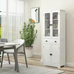 Rackhams Kitchen Cupboard, Freestanding Storage Cabinet with 2 Adjustable Shelves, Drawer and Glass Door for Living Room, Dining Room, 160cm, White - thumbnail 2