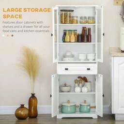 Rackhams Kitchen Cupboard, Freestanding Storage Cabinet with 2 Adjustable Shelves, Drawer and Glass Door for Living Room, Dining Room, 160cm, White - thumbnail 4