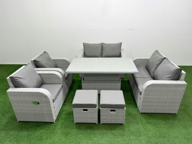 Rackhams 8 Seater Outdoor Reclining Chair Love Sofa Set Rattan Garden Furniture Set with Adjustable Lifting Dining or Coffee Table 2 Stools Light Grey - image 1