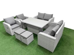 Rackhams 8 Seater Outdoor Reclining Chair Love Sofa Set Rattan Garden Furniture Set with Adjustable Lifting Dining or Coffee Table 2 Stools Light Grey - thumbnail 2