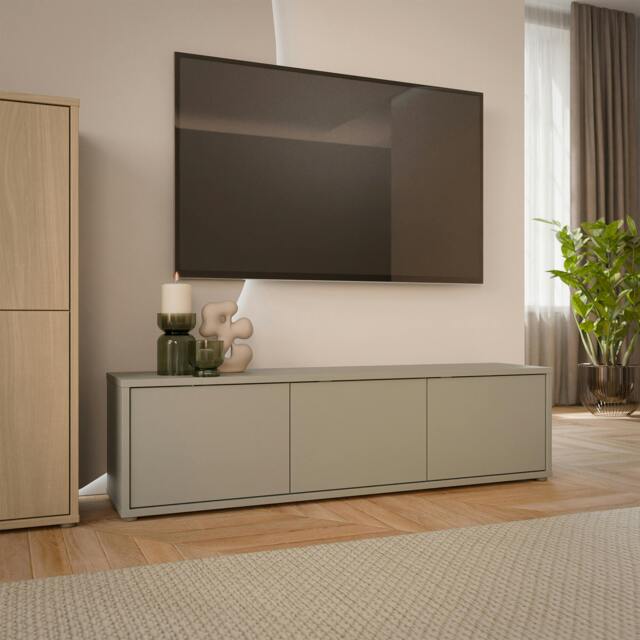 Rackhams Alice Springs Wide TV Cabinet with 3 Doors Push-to-Open in Taupe - W 154.2 X  H 41.5 X  D 34.9cm - 1 - Manufactured Wood - image 1
