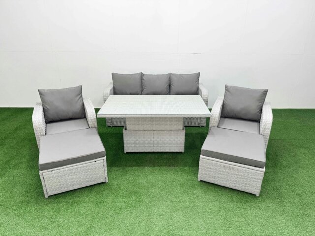Rackhams PE Rattan Garden Furniture Set Reclining Chair Sofa Lounge Sofa Set Adjustable Lifting Dining or Coffee Table 2 Big Footstool Light Grey - image 1