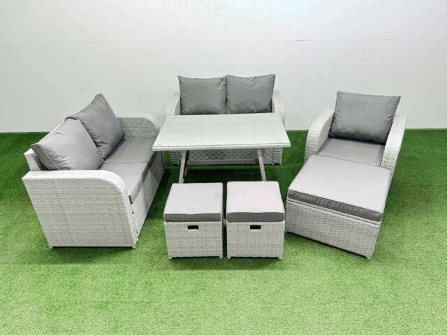 Rackhams 8 Seater Outdoor Rattan Garden Furniture Set Love Sofa Reclining Chair Set with Rectangular Dining Table 3 Footstools Light Grey - image 1