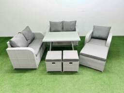Rackhams 8 Seater Outdoor Rattan Garden Furniture Set Love Sofa Reclining Chair Set with Rectangular Dining Table 3 Footstools Light Grey - thumbnail 1