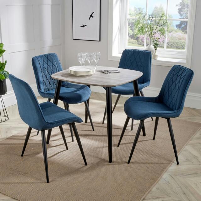 Rackhams Aspen Dining Set - Grey Oak-Effect Square Table & 4 Upholstered Diamond Stitch Fabric Chairs - Blue - image 1