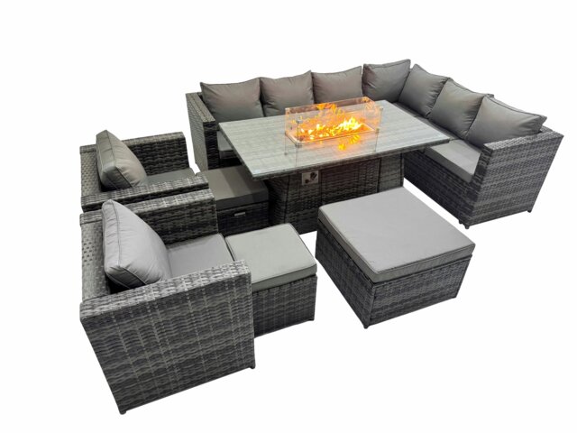 Rackhams Garden Rattan Furniture Set 11 Seater Outdoor Corner Sofa 2 Chair Gas Fire Pit Dining Table Set with 3 Stools Dark Grey - image 1