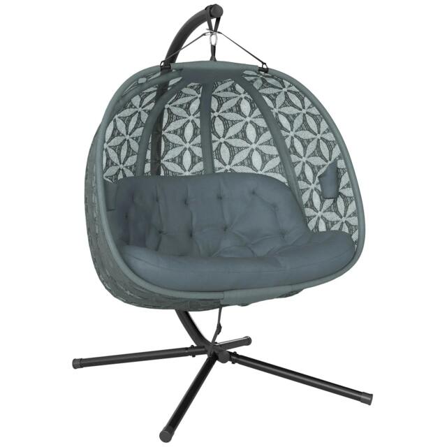 Rackhams Outdoor Double Hanging Chair with Cushion and Cup Holders, Charcoal Grey - Charcoal Grey