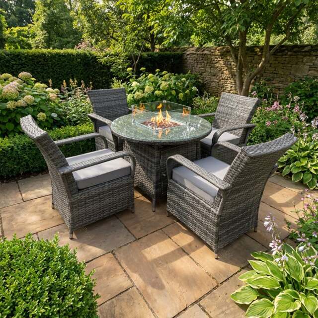 Rackhams 4 Seater Rattan Garden Furniture Set with Round Gas Fire Pit Dining Table and 4 Dining Chairs - Dark Grey - image 1