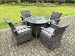 Rackhams 4 Seater Rattan Garden Furniture Set with Round Gas Fire Pit Dining Table and 4 Dining Chairs - Dark Grey - thumbnail 2
