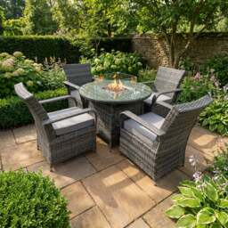 Rackhams 4 Seater Rattan Garden Furniture Set with Round Gas Fire Pit Dining Table and 4 Dining Chairs - Dark Grey - thumbnail 1