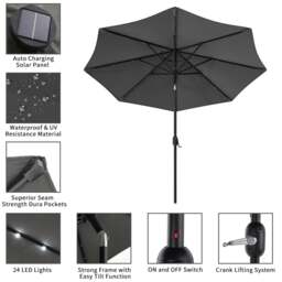 Rackhams 3M Garden Parasol Sun Umbrella Dark Grey Iron With Solar LED Lights - Rattan Effect 14KG Resin tank base - thumbnail 5