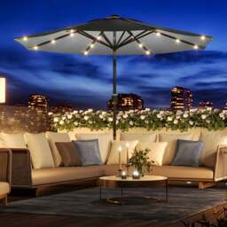 Rackhams 3M Garden Parasol Sun Umbrella Dark Grey Iron With Solar LED Lights - Rattan Effect 14KG Resin tank base - thumbnail 3