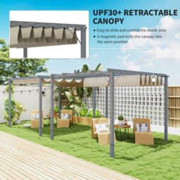 Rackhams 3 x 3(m) Aluminium Garden Pergola with Retractable Roof, Grey - Natural wood finish - Aluminium, 180gsm Polyester Fabric - 232H x 299L x 296Wcm - thumbnail 4