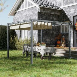 Rackhams 3 x 3(m) Aluminium Garden Pergola with Retractable Roof, Grey - Natural wood finish - Aluminium, 180gsm Polyester Fabric - 232H x 299L x 296Wcm - thumbnail 3