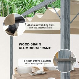Rackhams 3 x 3(m) Aluminium Garden Pergola with Retractable Roof, Grey - Natural wood finish - Aluminium, 180gsm Polyester Fabric - 232H x 299L x 296Wcm - thumbnail 5