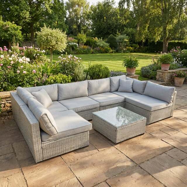 Rackhams Rattan U Shaped Grey Sofa + Glass Coffee Table Outdoor Seating - image 1