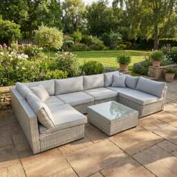 Rackhams Rattan U Shaped Grey Sofa + Glass Coffee Table Outdoor Seating