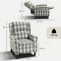 Rackhams Recliner Chair for Living Room Wingback Chair with Padded Armrest - Rubber wood - Grey and White - Checked linen-look fabric - thumbnail 3