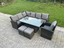 Rackhams 9 Seater High Back Rattan Garden Corner Sofa Set with Adjustable Table, 2 Footstools, 1 Chair - Dark Mixed Grey - thumbnail 3