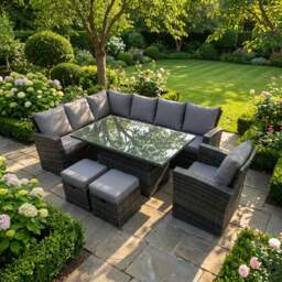 Rackhams 9 Seater High Back Rattan Garden Corner Sofa Set with Adjustable Table, 2 Footstools, 1 Chair - Dark Mixed Grey - thumbnail 1