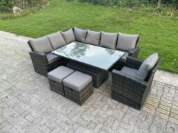 Rackhams 9 Seater High Back Rattan Garden Corner Sofa Set with Adjustable Table, 2 Footstools, 1 Chair - Dark Mixed Grey - thumbnail 2