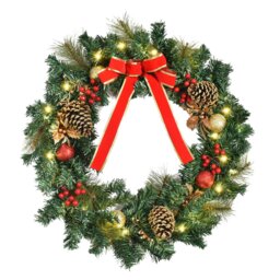 Rackhams Pre-Lit Artificial Christmas Door Wreath Holly Garland Decor 20 LED - thumbnail 3